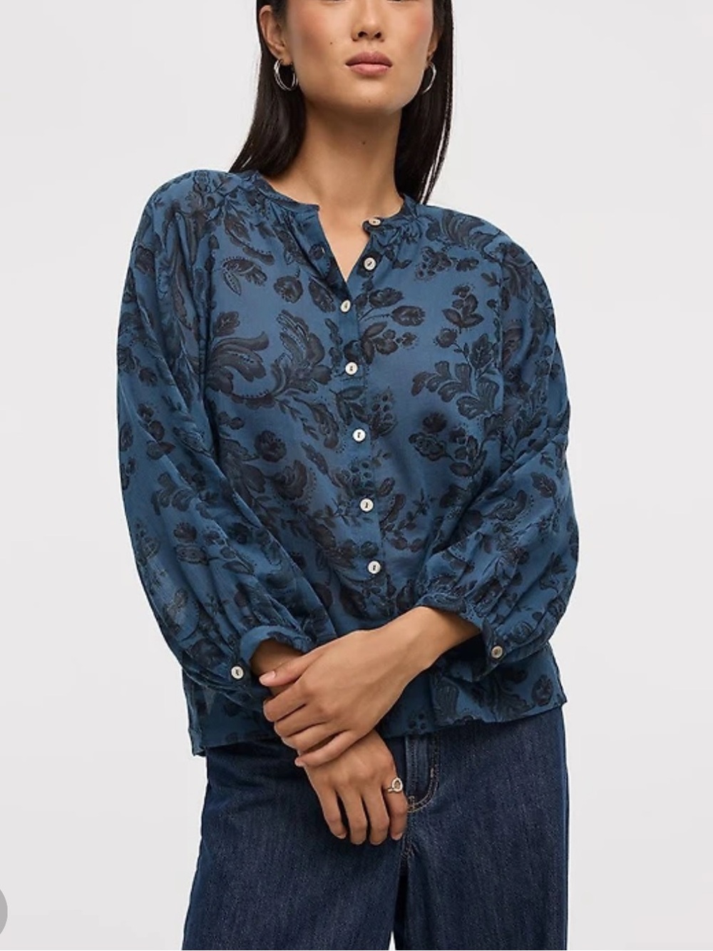 Reitmans Blue Button-Front Floral Blouse